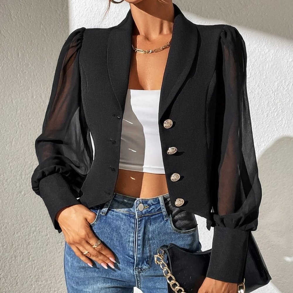 Black Boho Womens Contrast Mesh Bishop Sleeve Shawl Collar Blazer - Picture 6 of 6